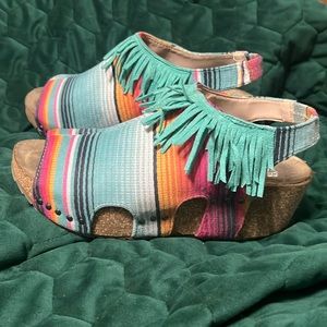 Serape fringe shoes with cork wedge